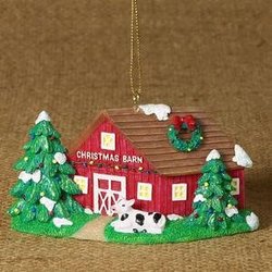 4' Decorated Barn & Cow Country Farm Christmas Ornament #W30004