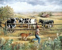 Boy and his dog meet cows at farm Art Print POSTER RARE - 20' x 16'