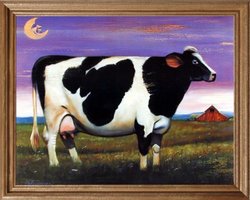 Country Cow Holstein Moon Folk Animal Picture Oak Framed Art Print