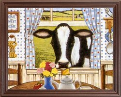 Country Cow Home Kitchen Window Folk Animal Picture Oak Framed Art Print