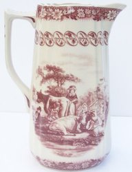 Red French Toile Pitcher Farm Cow Scene