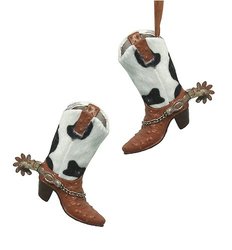 Set of 2 Western Style Cow Print Cowboy Boots Christmas Ornaments