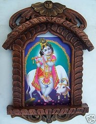 Child Krishna with his Cow, Jarokha made with Wood Crafts