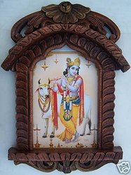 Elegant Painting of Krishna & His cow, Jarokha made with Wood Crafts