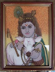 Krishna, Cow & his Flute, Gem Stone Art Painting, Religious Craft