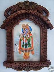 Krishna, Flute & Cow Painting in Traditional Jarokha, Wood Crafts