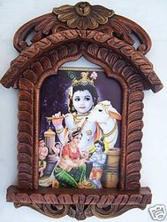 Krishna, Yashoda & Cow Painting in Jarokha made with Wood Craft
