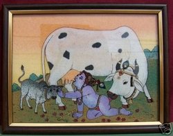 Krishna & His cow, Painting made with Gem Stone