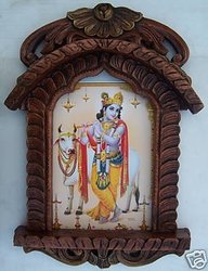 Krishna with his cow, Painting in Wood Jarokha, Handicrafts