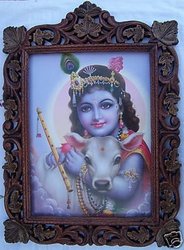 Lord Child Krishna with his Cow, Wood Craft Frame