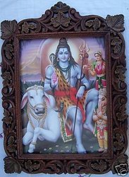 Lord Shiva, Ganesh & Cow, Pic in Wood Frame